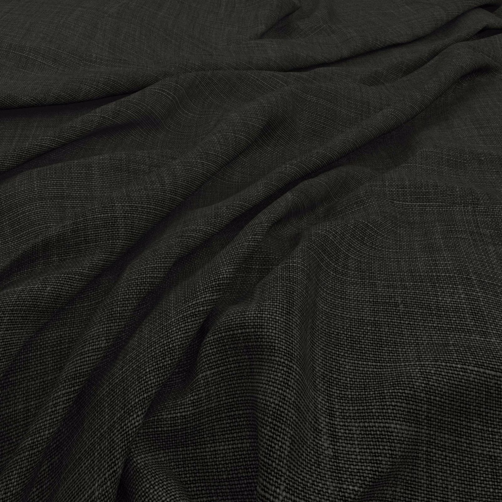 Deep charcoal crosshatch fabric gathered into softly shadowed, fluid folds