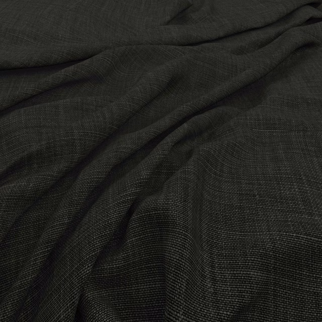 Deep charcoal crosshatch fabric gathered into softly shadowed, fluid folds