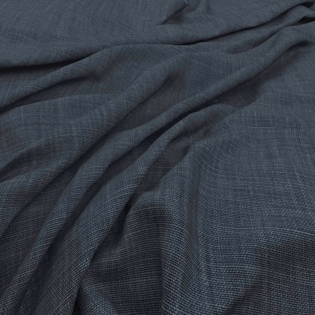 Deep denim-blue woven fabric with fine crosshatch texture and softly gathered folds