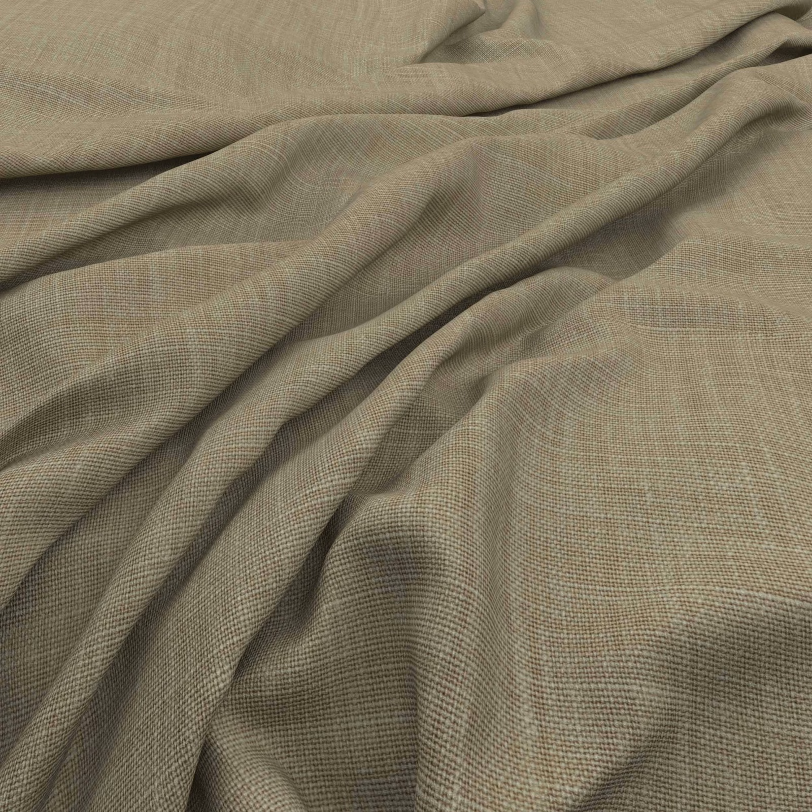 Muted flax-taupe fabric with fine crosshatch weave in soft flowing folds