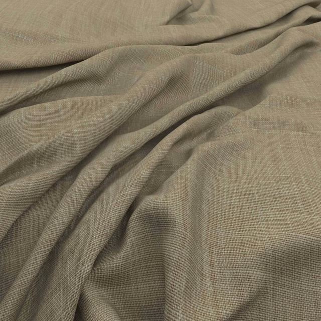 Muted flax-taupe fabric with fine crosshatch weave in soft flowing folds