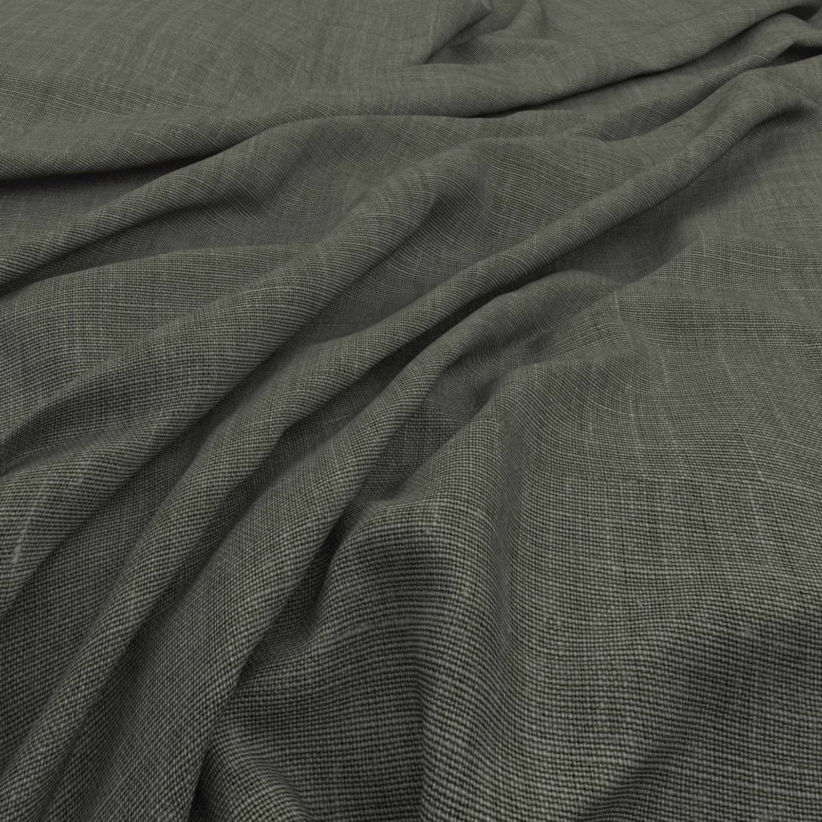 Cool pewter-grey fabric with fine crossweave, gathered into softly shadowed folds