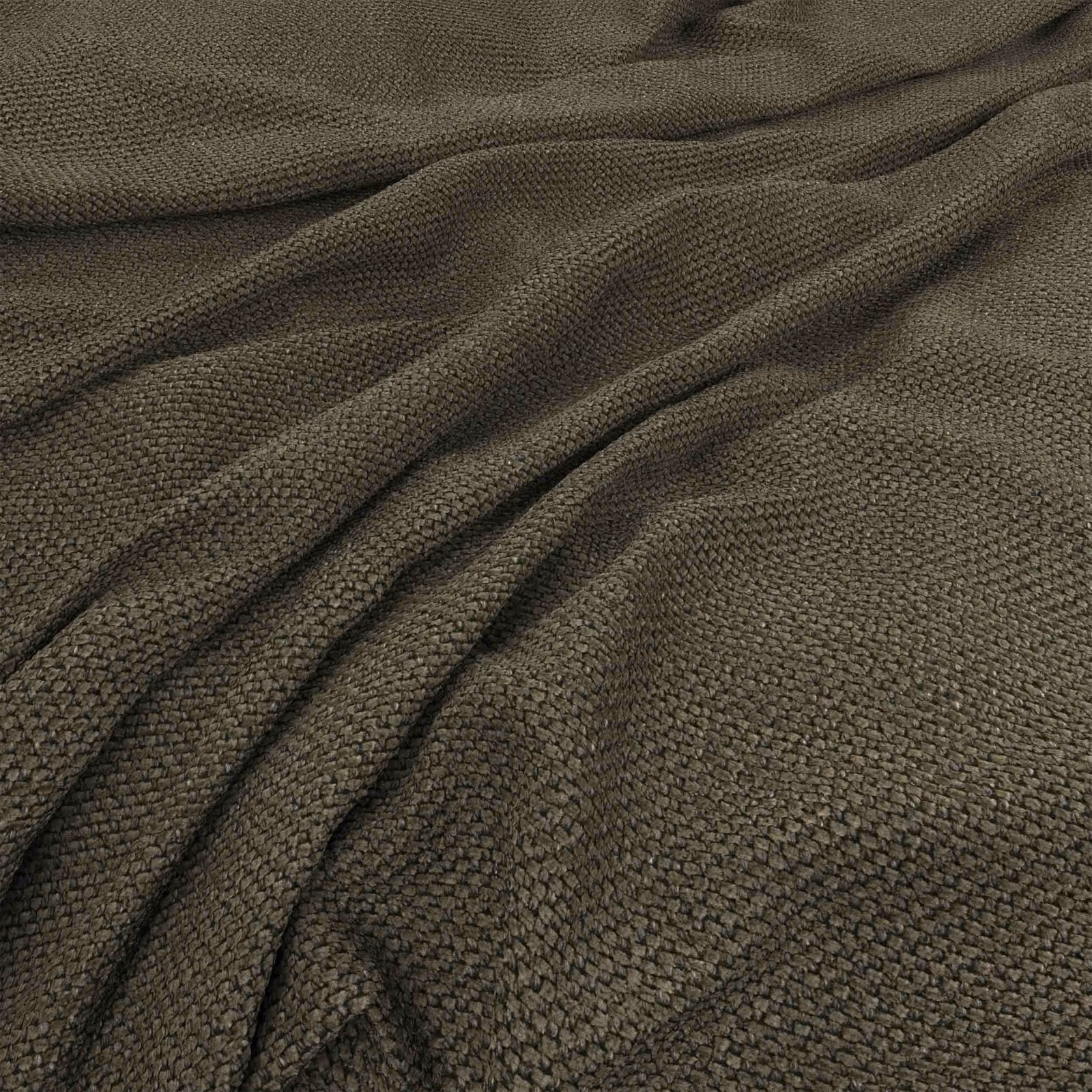 Close view of moss olive woven fabric with chunky texture and gathered folds
