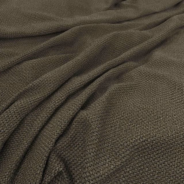 Close view of moss olive woven fabric with chunky texture and gathered folds