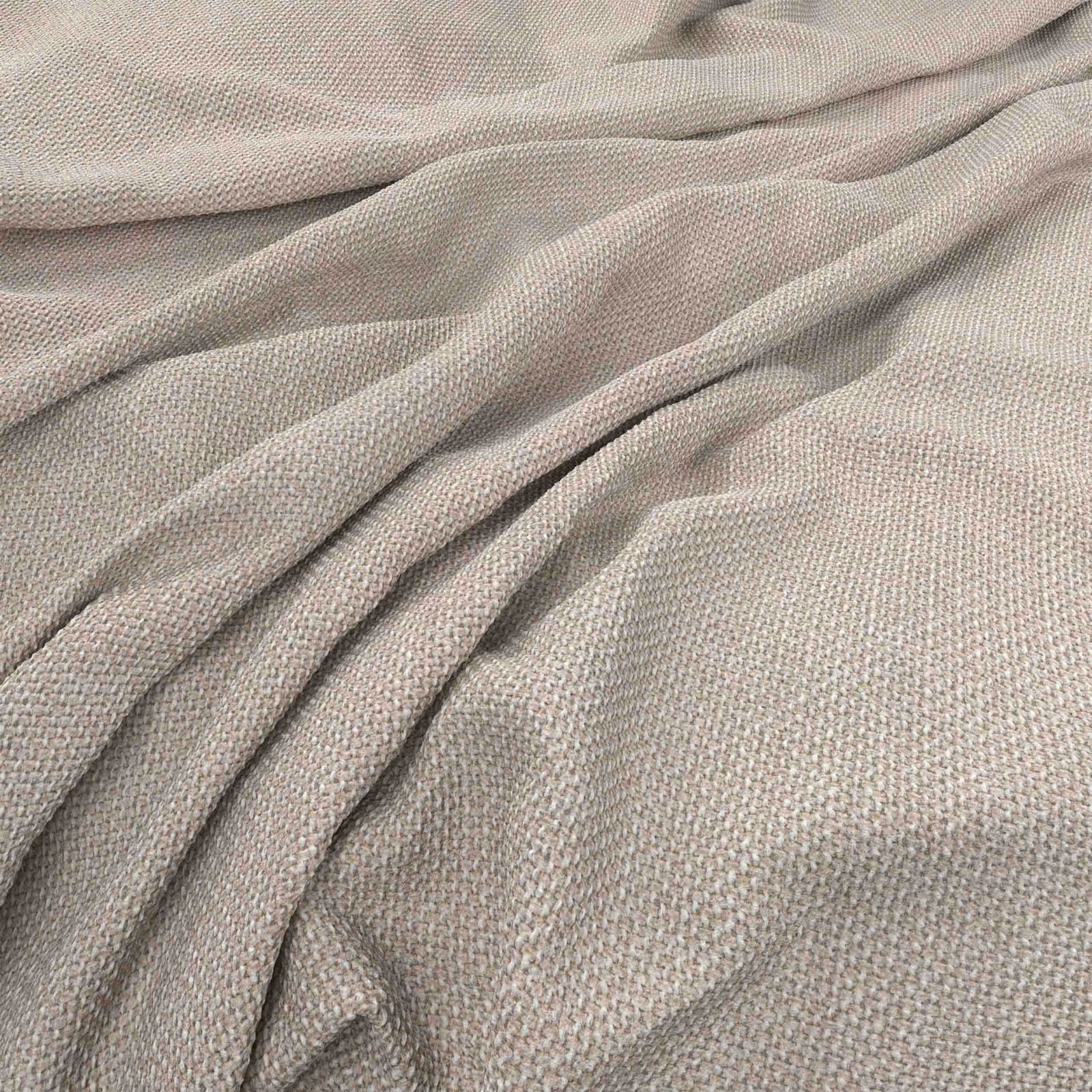 Pale greige woven cloth gathered into soft folds, showing a fine pebbled texture