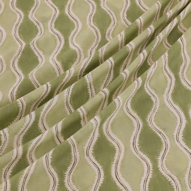 Muted sage-olive textile with cream wavy diamonds and fine taupe edging