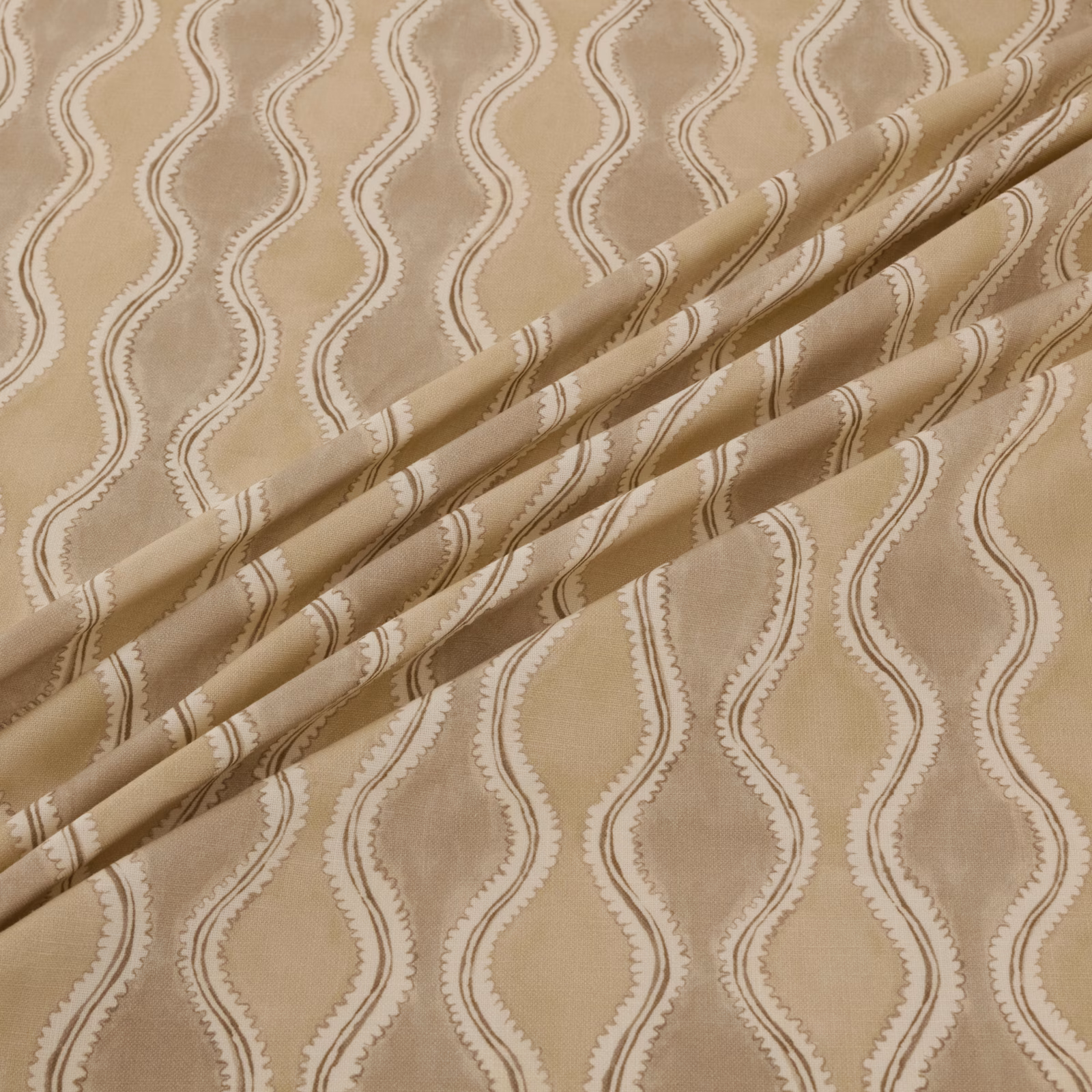Warm beige Wading fabric with vertical undulating outlined motifs and softly textured surface