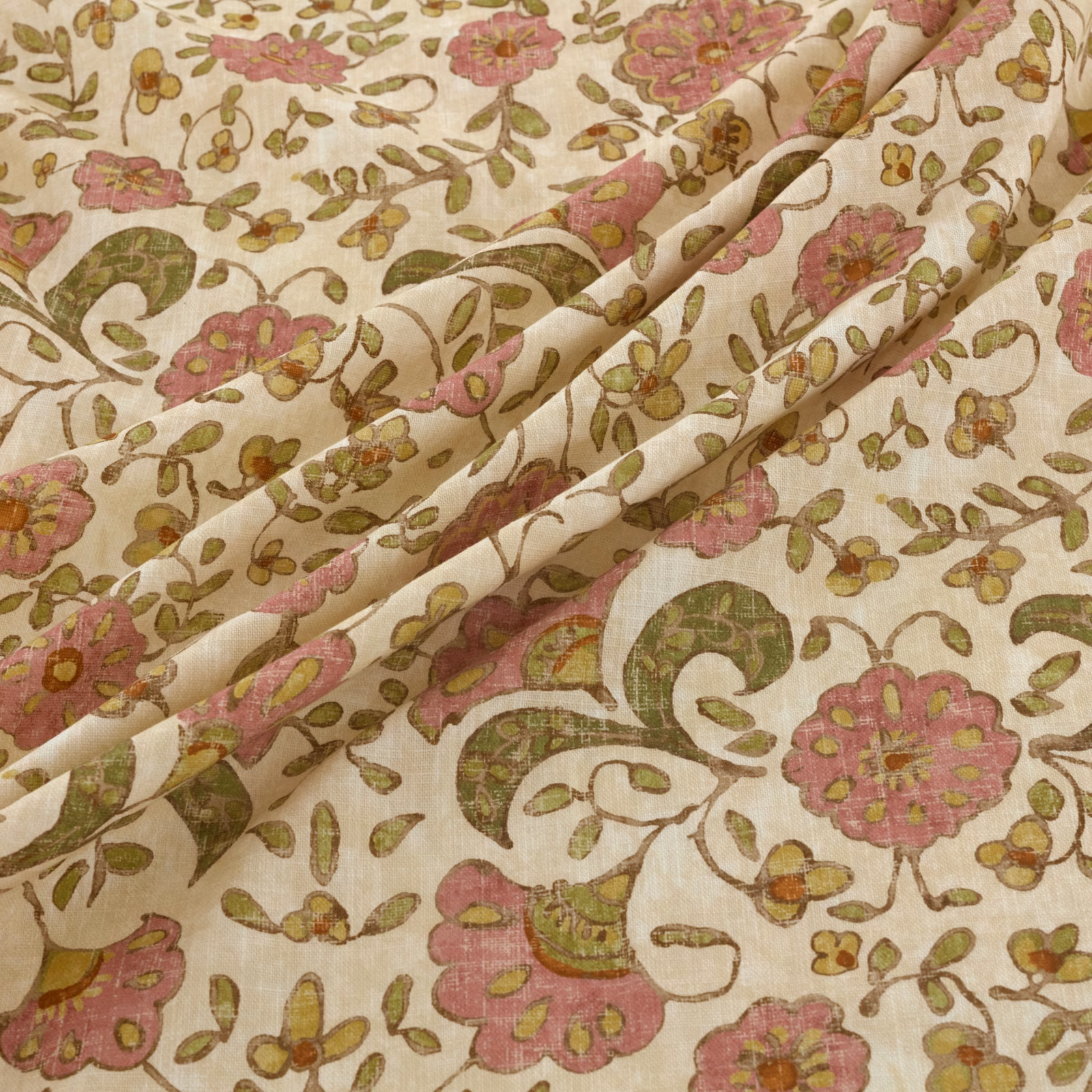 Cream floral fabric with rose-pink blooms, olive leaves and mustard sprigs