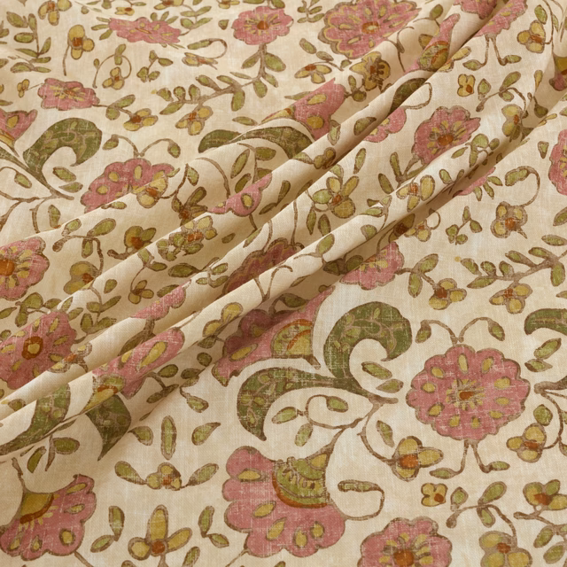 Cream floral fabric with rose-pink blooms, olive leaves and mustard sprigs