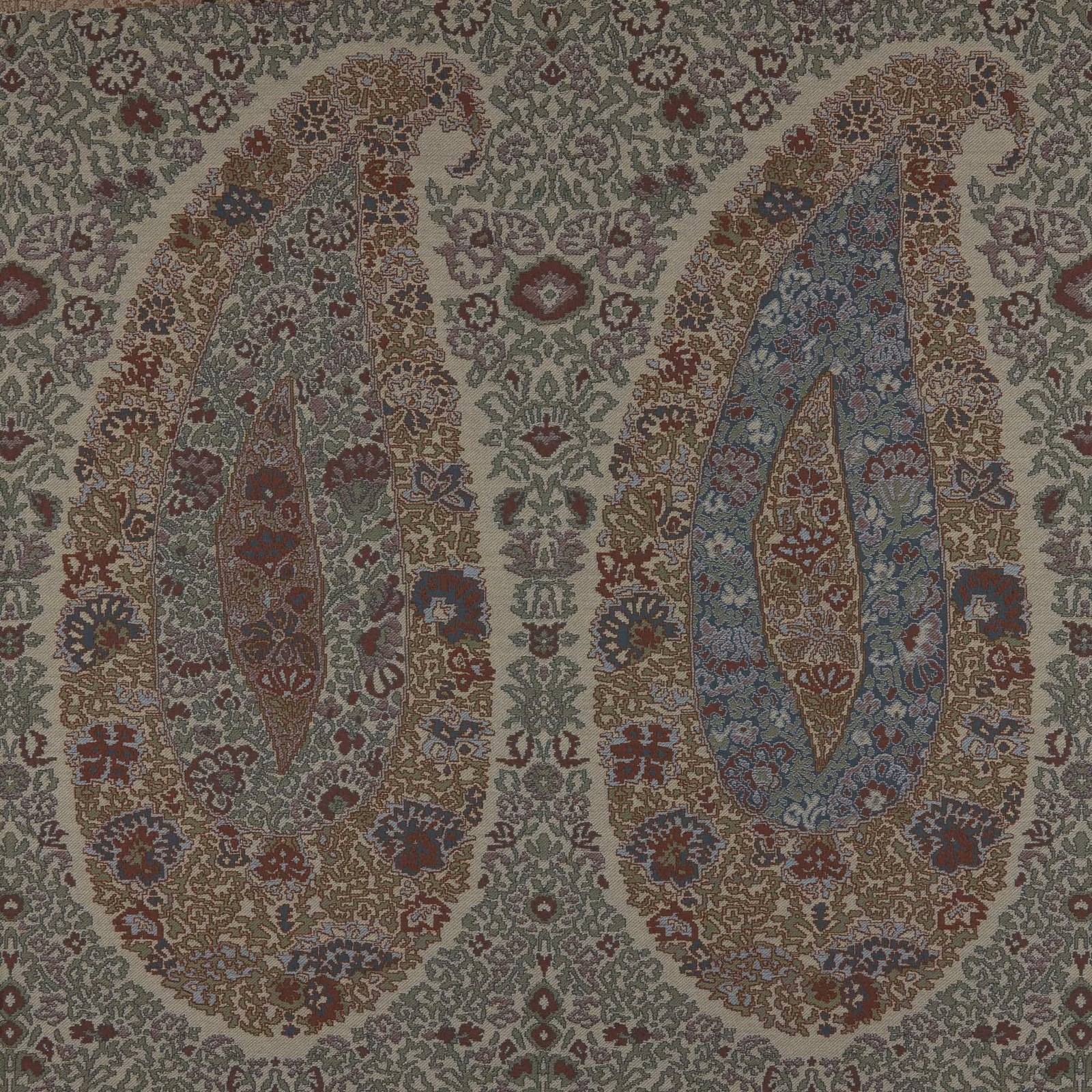 Muted sage-grey paisley fabric with oversized blue, russet and brown floral motifs