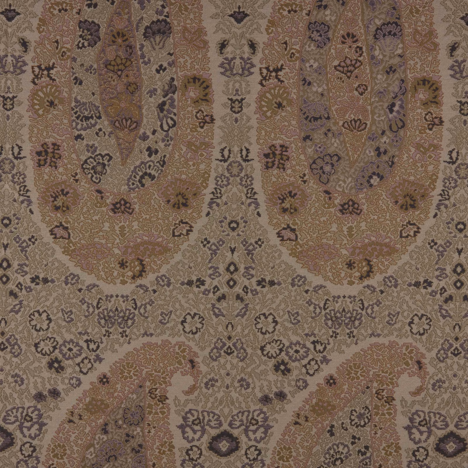 Muted taupe woven textile with mauve, olive and charcoal floral-paisley motifs