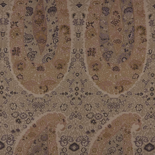 Muted taupe woven textile with mauve, olive and charcoal floral-paisley motifs