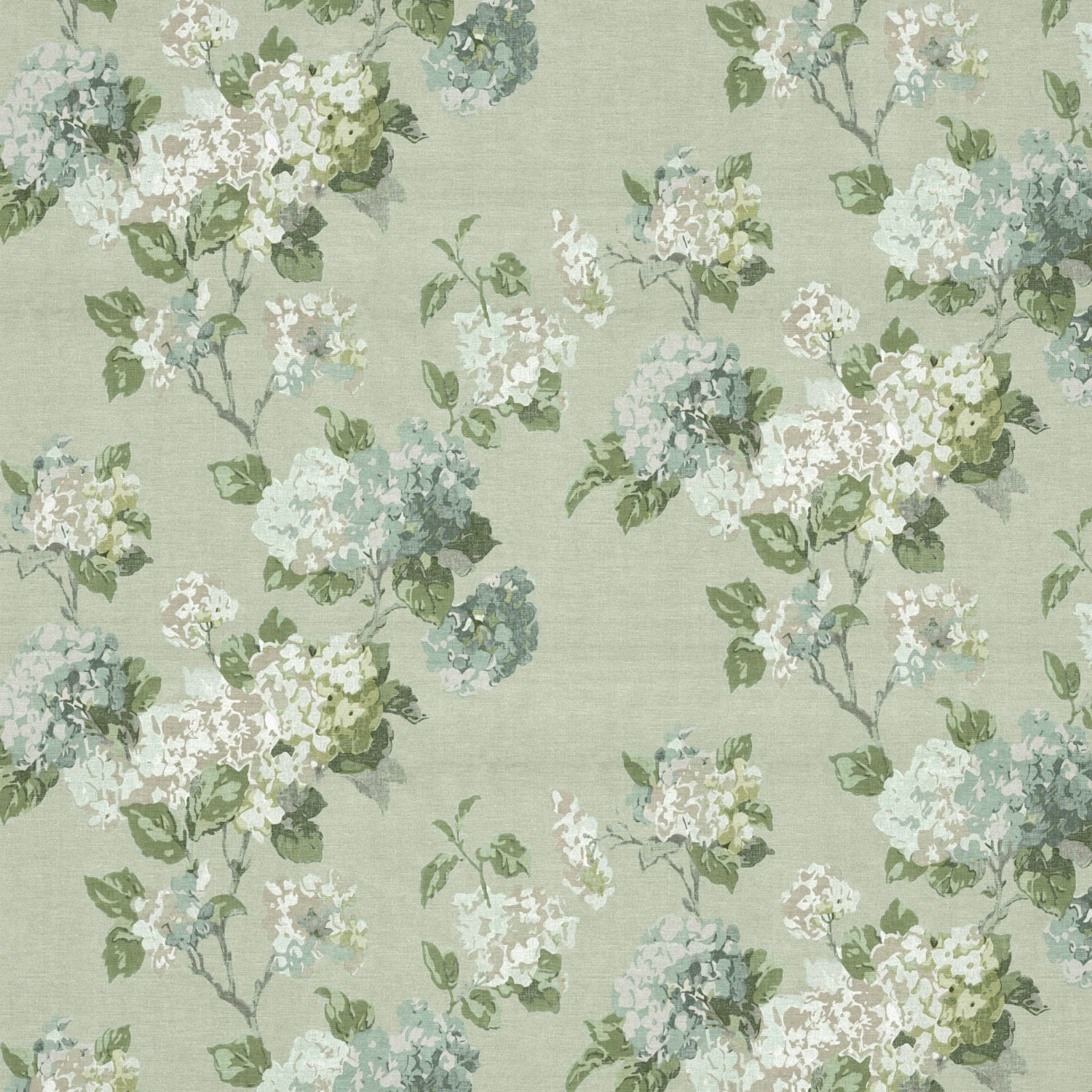 Pale sage floral fabric with clustered white and blue-green blossoms