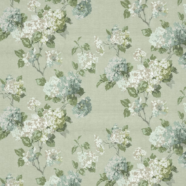Pale sage floral fabric with clustered white and blue-green blossoms