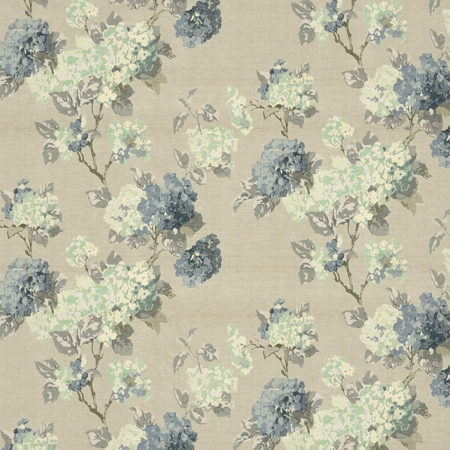 Warm corn-beige floral fabric with blue, mint and cream clustered blooms