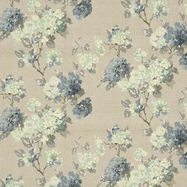 Warm corn-beige floral fabric with blue, mint and cream clustered blooms