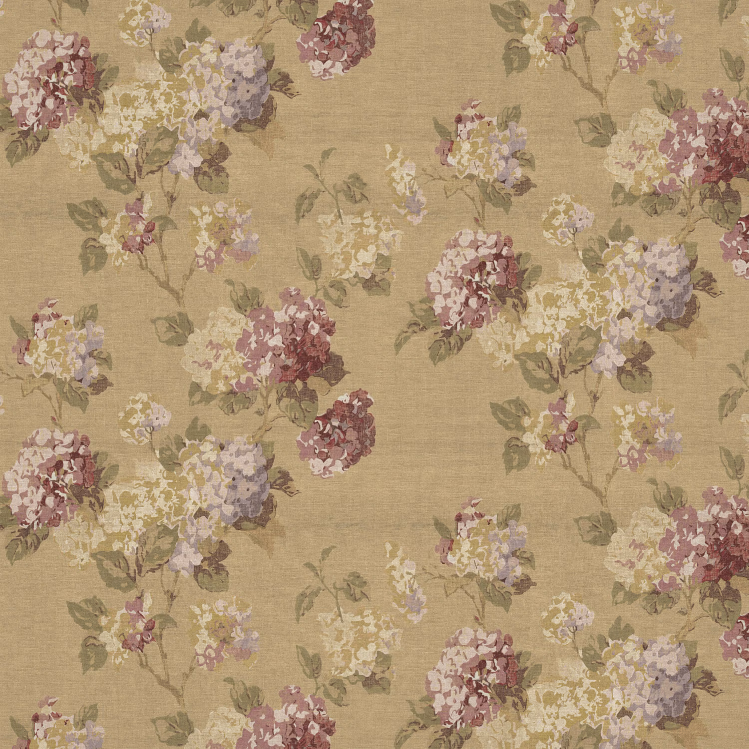 Warm tea-stain taupe weave with scattered muted berry, lilac and cream floral clusters