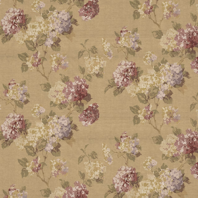 Warm tea-stain taupe weave with scattered muted berry, lilac and cream floral clusters