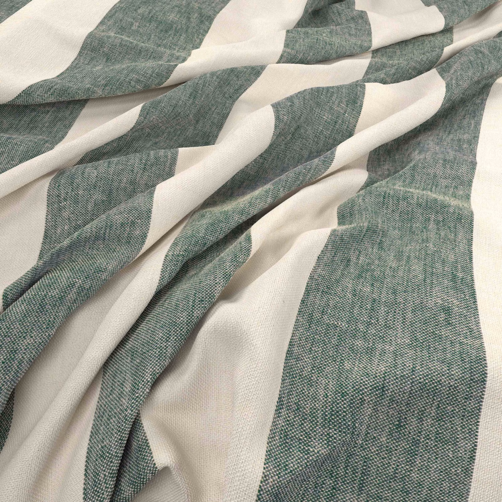 Muted clover-green and ivory woven fabric with broad broken bands in soft folds