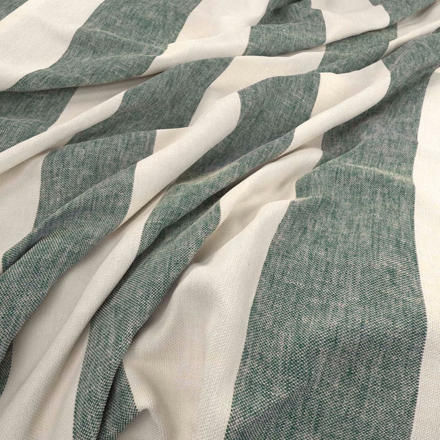 Muted clover-green and ivory woven fabric with broad broken bands in soft folds