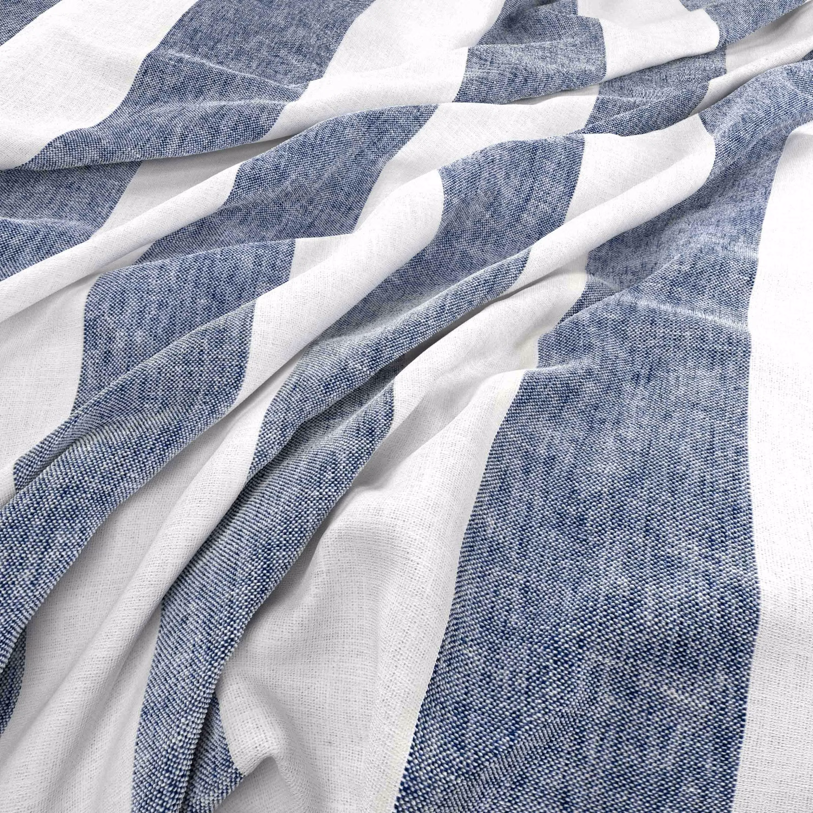 Muted Delft blue and white broad bands across a softly folded woven fabric