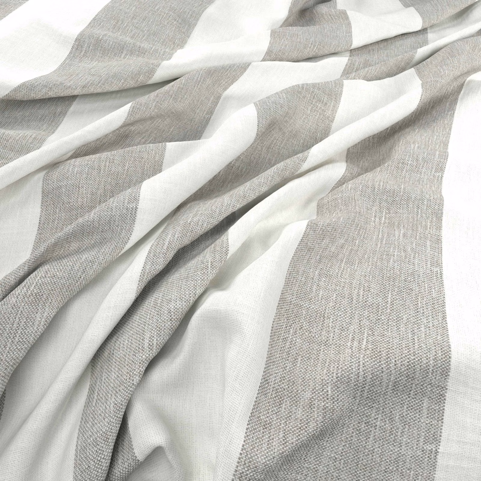 Cool grey and white broad stripes reveal a fine woven texture in soft folds.