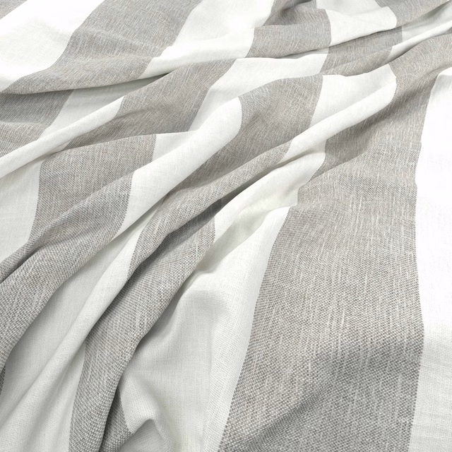 Cool grey and white broad stripes reveal a fine woven texture in soft folds.