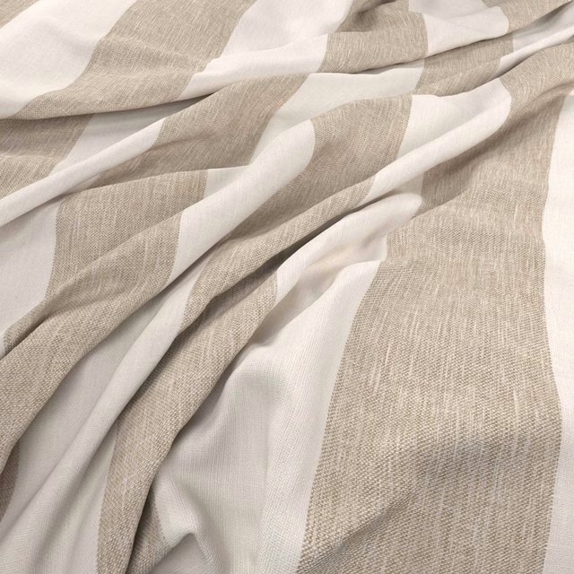 Ivory and warm greige broad stripes across a softly folded woven swatch