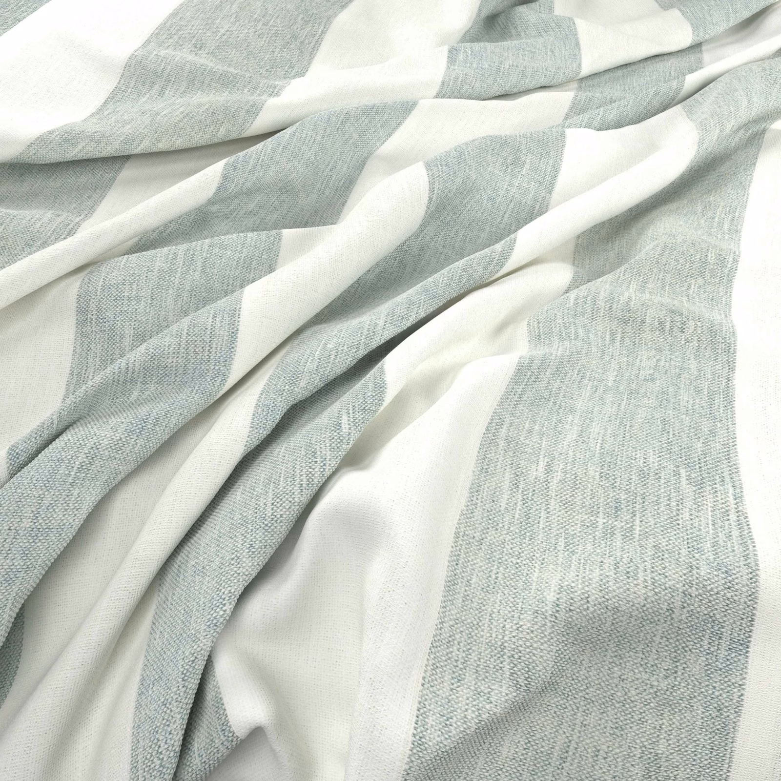 Pale blue-grey and ivory broad striped fabric gathered into soft textured folds