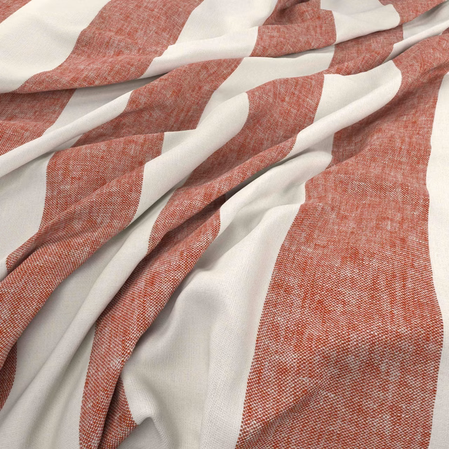 Terracotta and ivory woven fabric with broad irregular stripes in soft folds