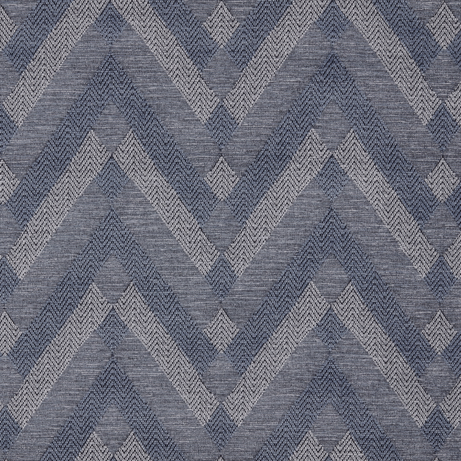 Blue-grey chevron upholstery fabric with textured woven zigzag bands