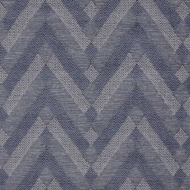 Blue-grey chevron upholstery fabric with textured woven zigzag bands