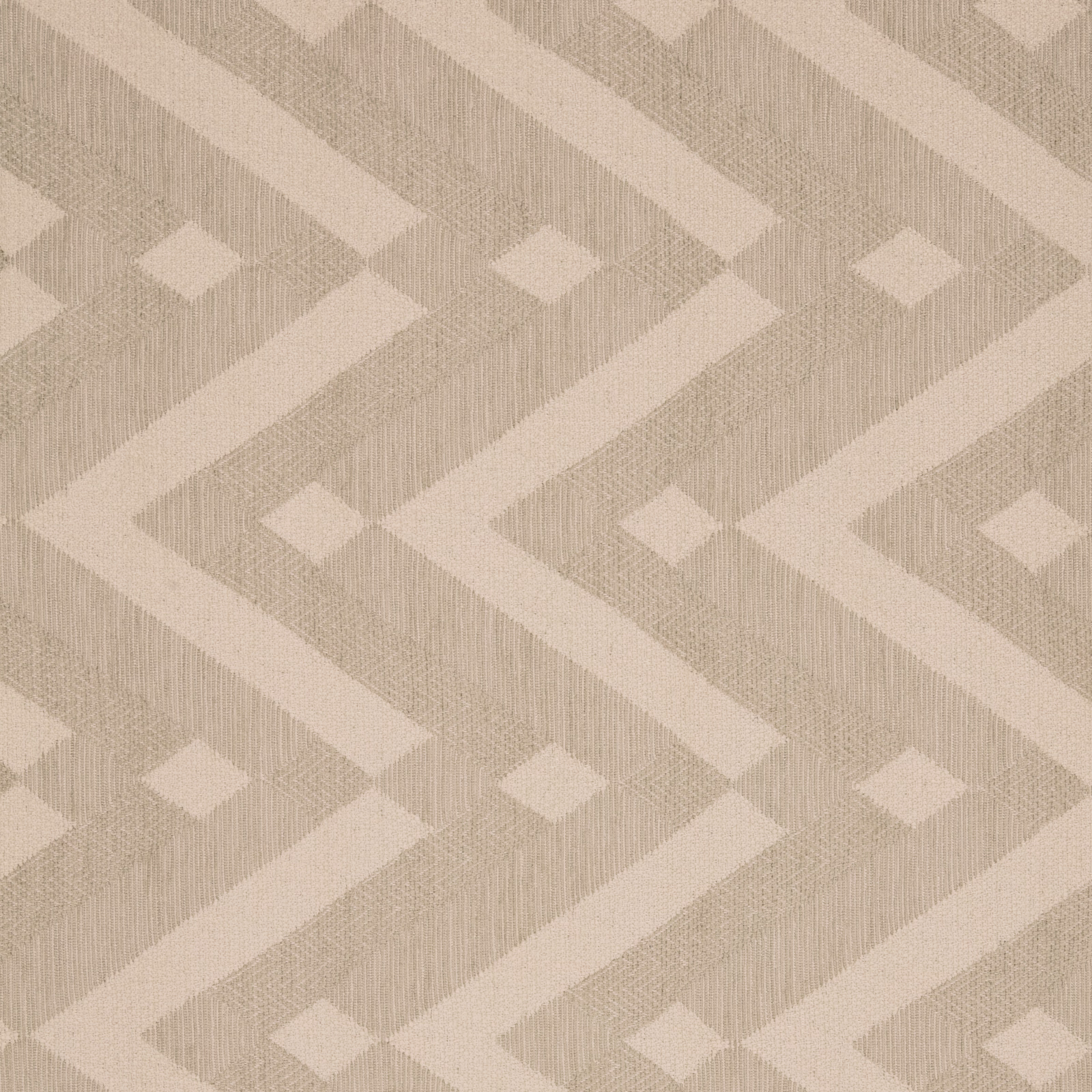 Neutral beige zigzag upholstery fabric with small diamond motifs and textured weave