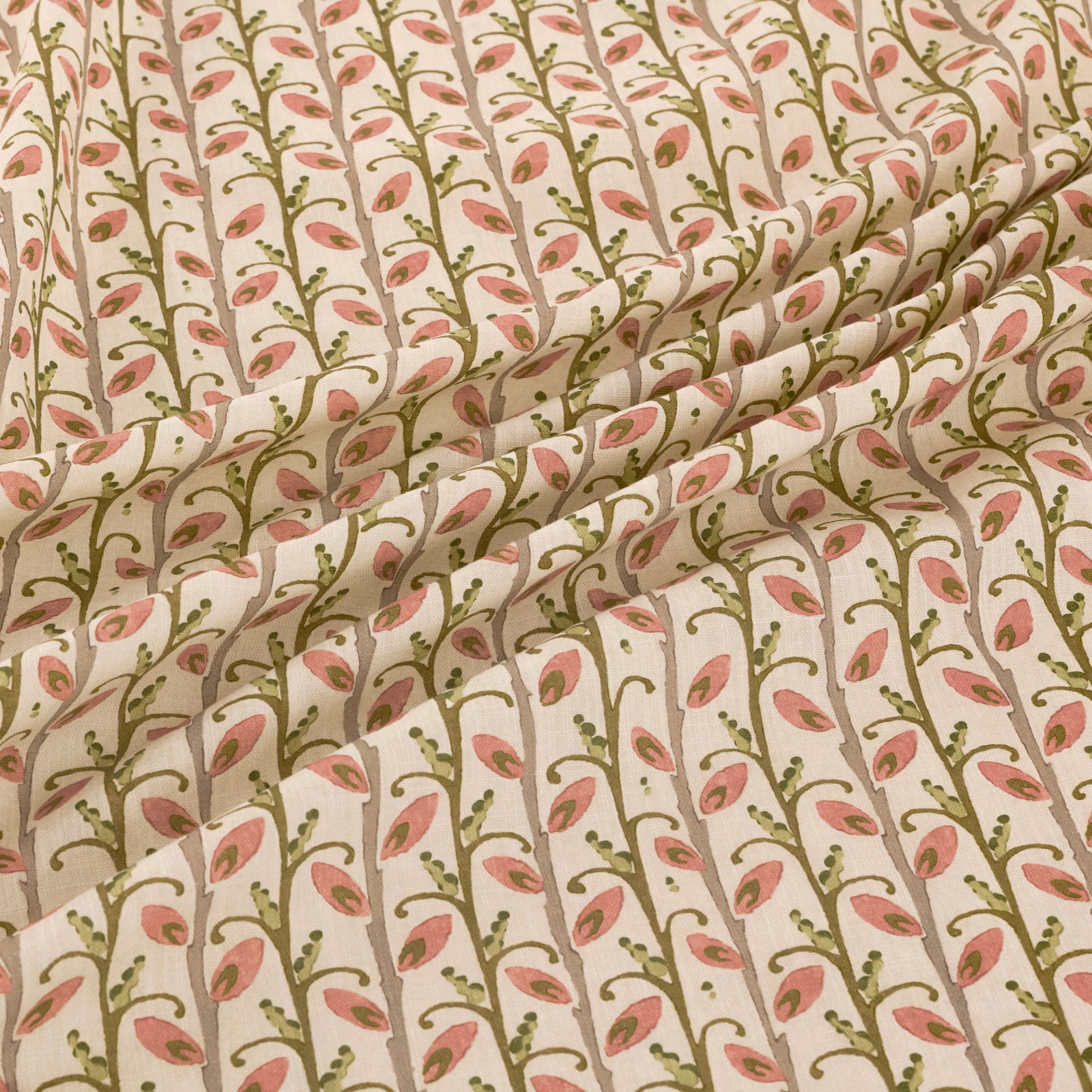Cream fabric with blush-pink buds and olive trailing stems in a vertical botanical repeat