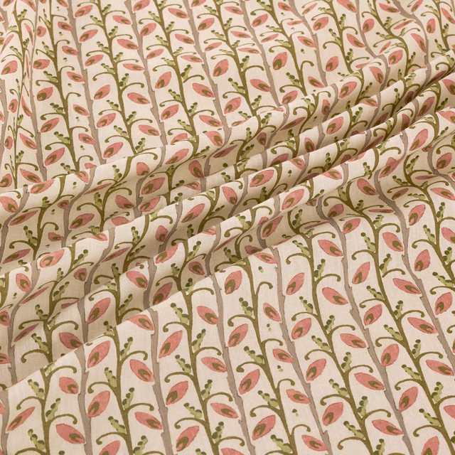 Cream fabric with blush-pink buds and olive trailing stems in a vertical botanical repeat
