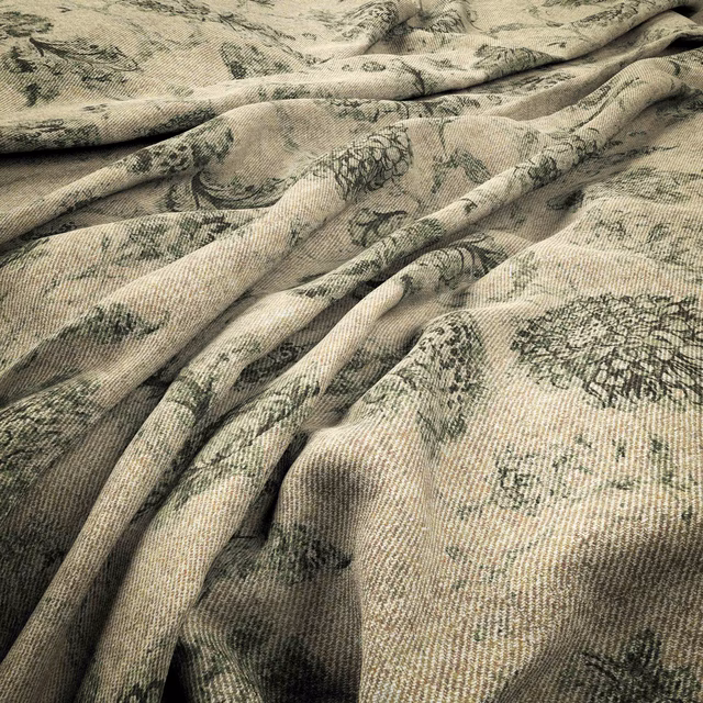 Greige woven fabric with charcoal botanical motifs and softly ridged texture