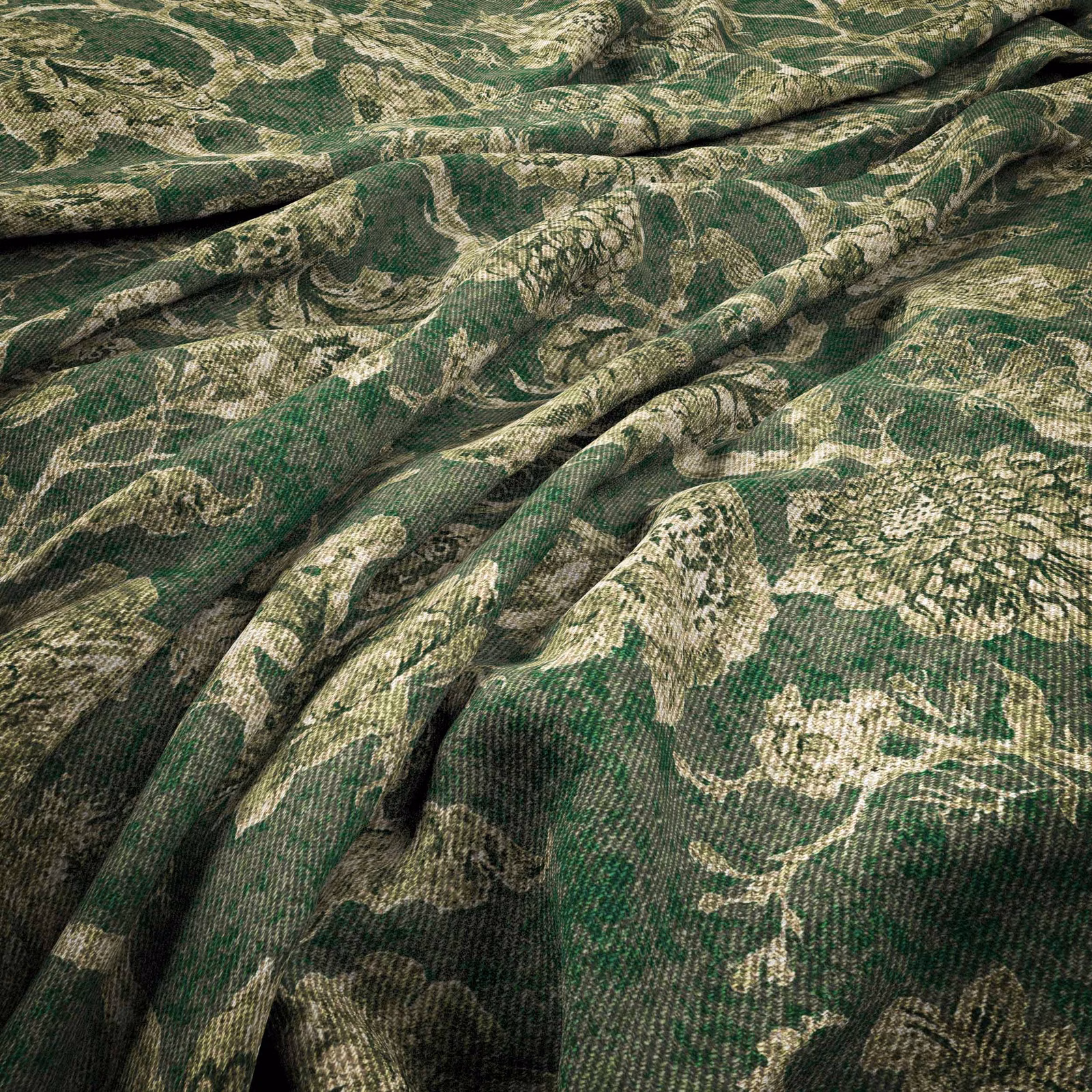 Deep spruce green woven fabric with pale olive botanical forms and rippled texture