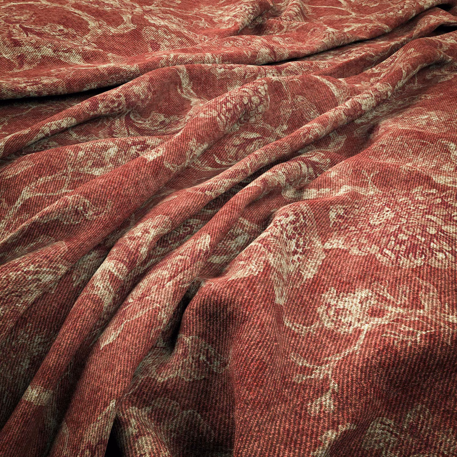 Muted rust-red woven fabric with faded cream ornamental motifs and ribbed texture