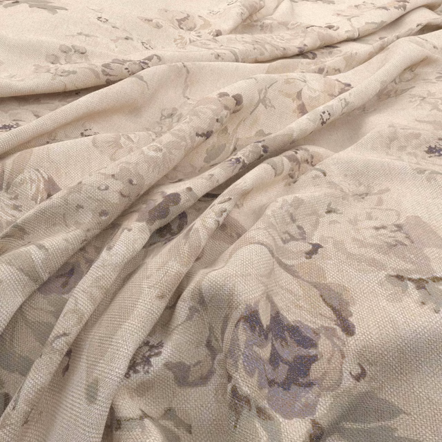 Warm ivory floral fabric with muted taupe, grey and mauve botanical motifs