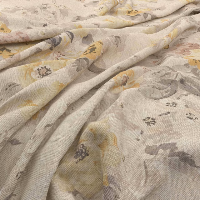 Warm cream floral fabric with primrose yellow, grey and taupe painterly motifs