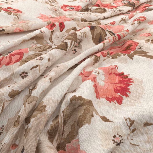Cream woven fabric with warm red blooms, blush petals and taupe foliage