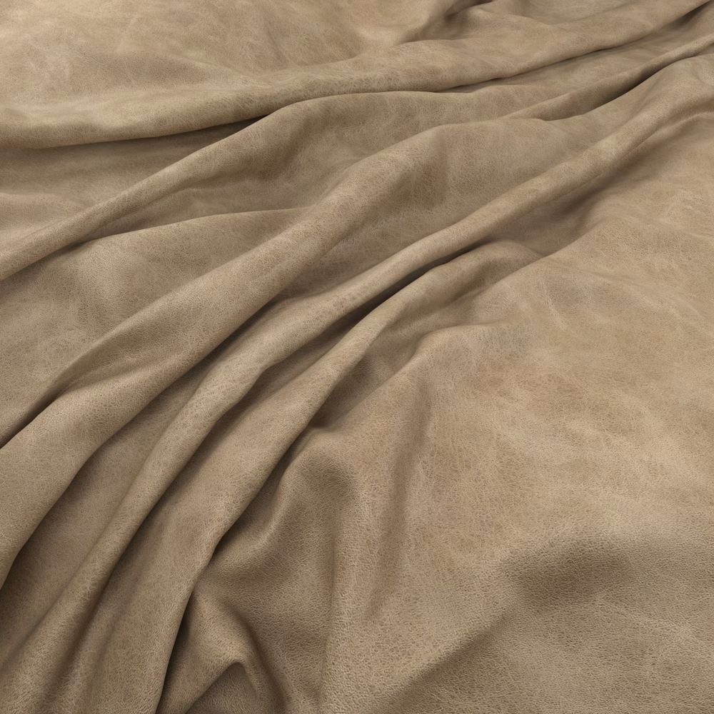 Warm mushroom-taupe fabric with a softly mottled suede-like surface gathered into folds