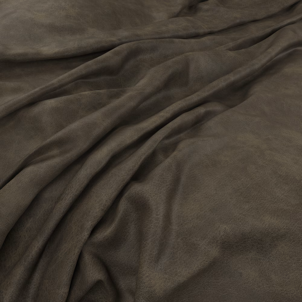 Close view of dark khaki-olive fabric with a soft nap and deep draped folds