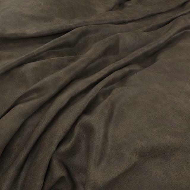 Close view of dark khaki-olive fabric with a soft nap and deep draped folds