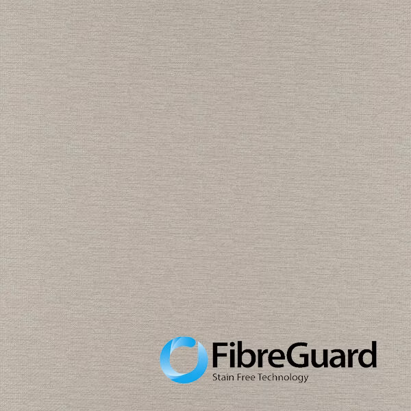 Warm almond-beige woven textile swatch with fine horizontal texture and FibreGuard logo