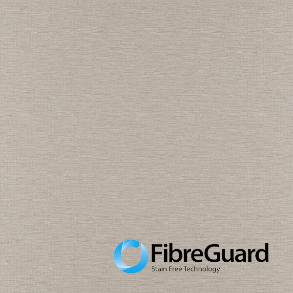 Warm almond-beige woven textile swatch with fine horizontal texture and FibreGuard logo