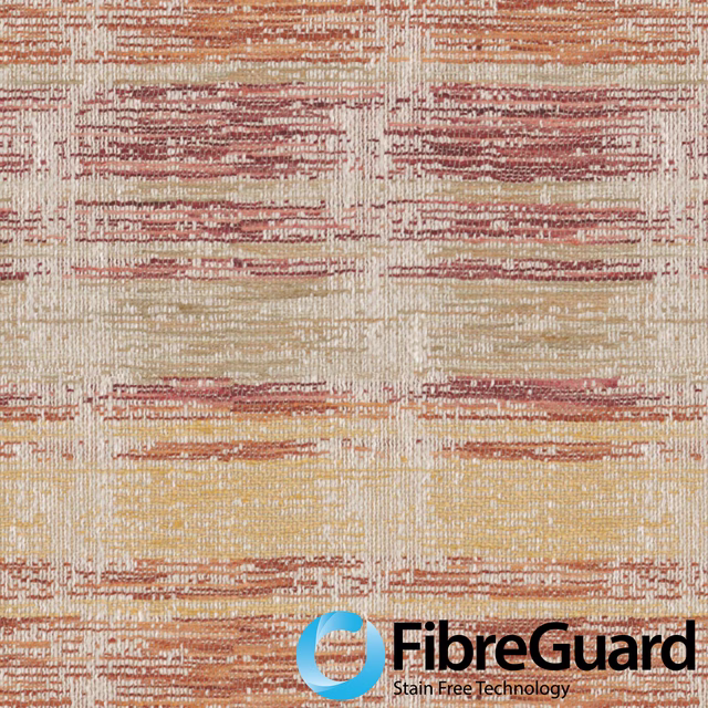 Warm beige woven fabric with terracotta, rose and ochre horizontal striations
