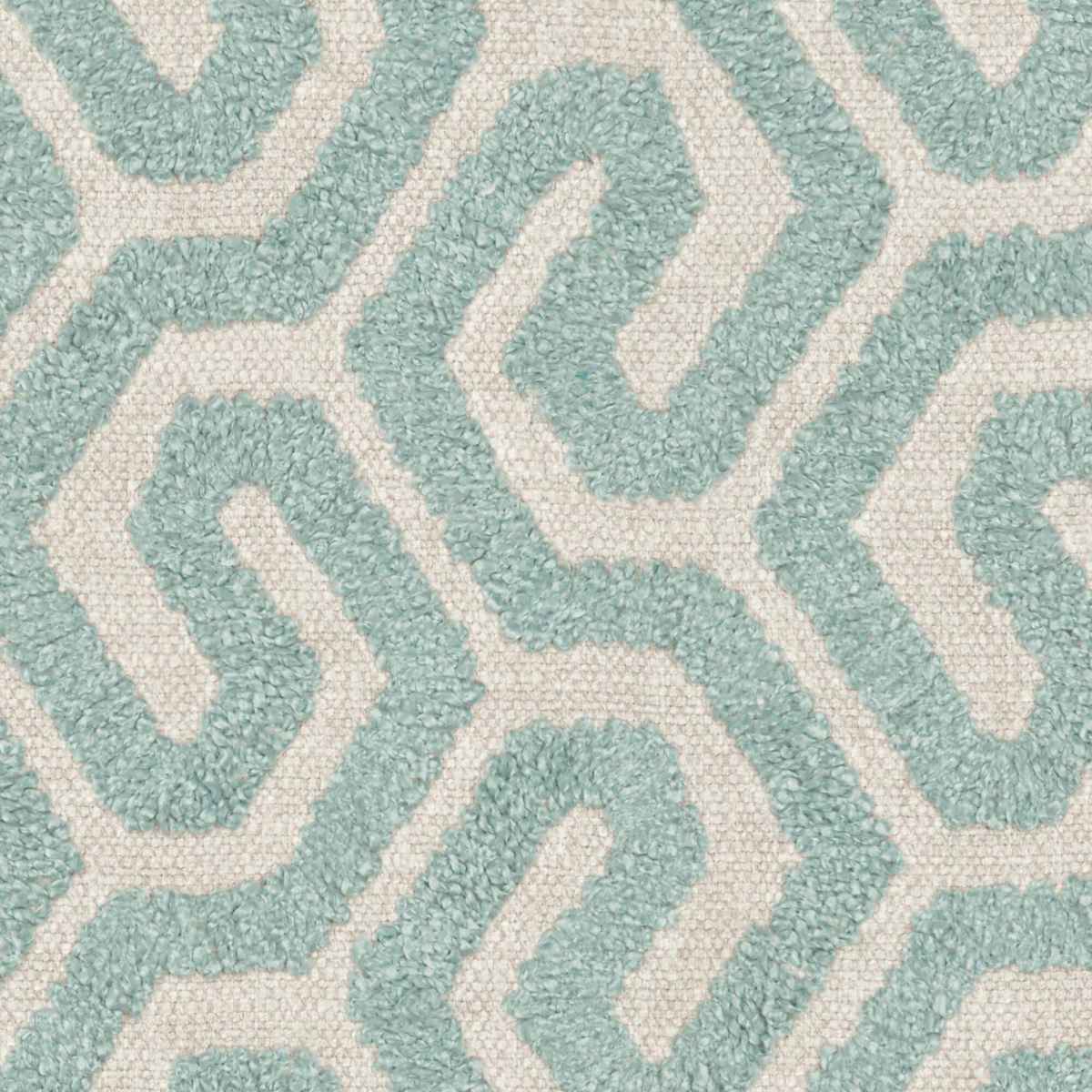 Ivory and seafoam teal woven fabric with nubby meandering geometric lines