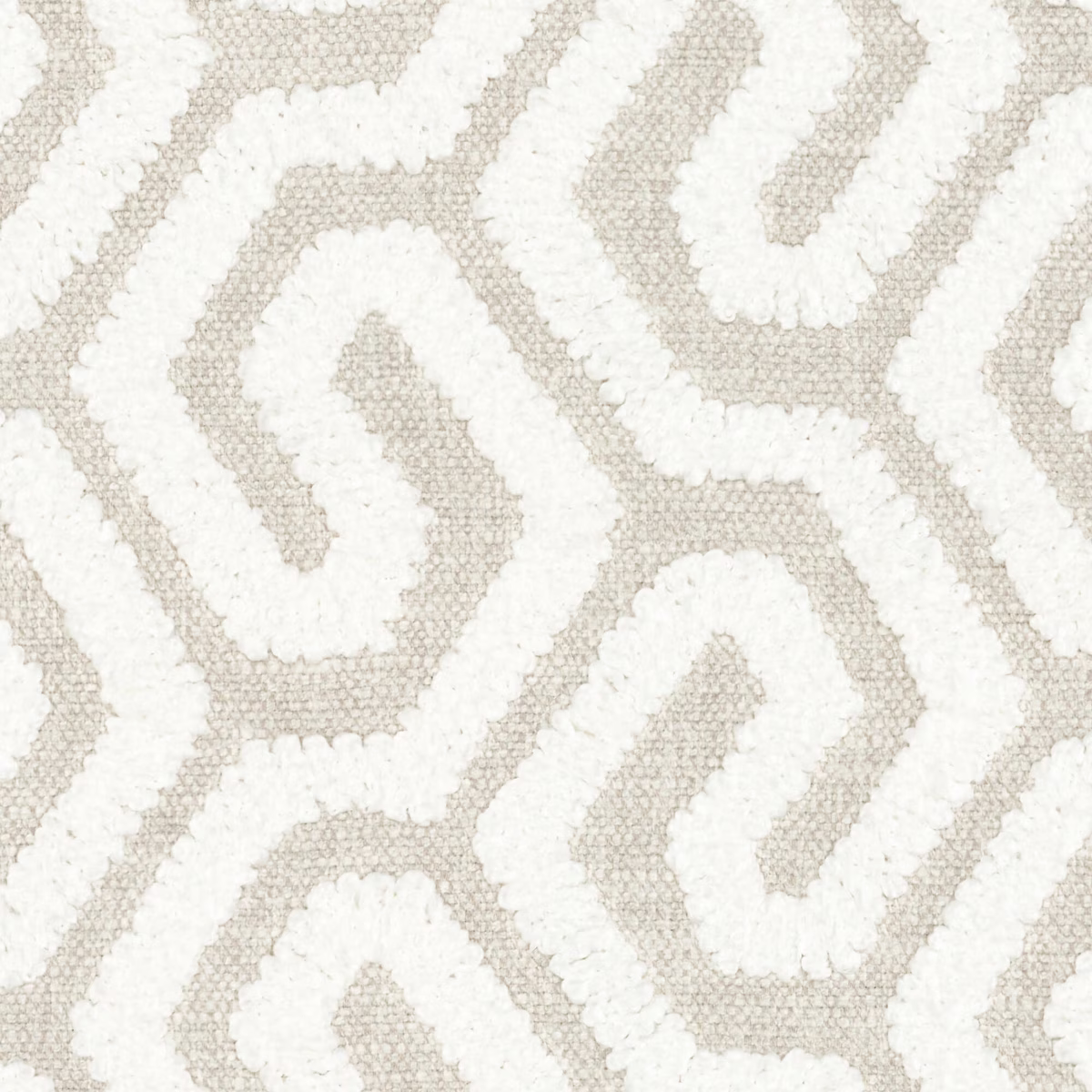 Ivory woven fabric with pale taupe looping geometric bands and nubby texture