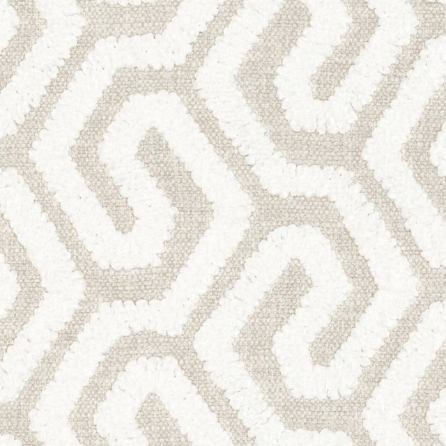 Ivory woven fabric with pale taupe looping geometric bands and nubby texture